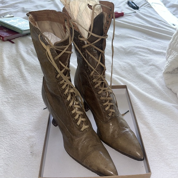 1900s Antique High Lace Leather Boots Heels Victorian - Picture 3 of 3